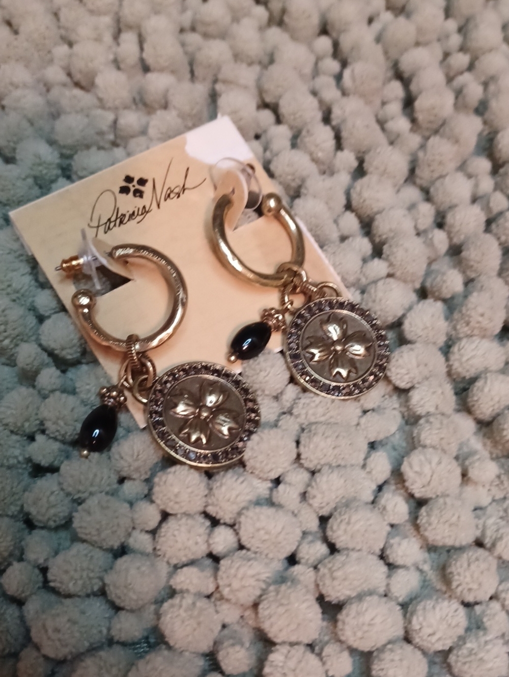 NWT Patricia Nash Gold-Tone Floral Medallion Hoops with Black Beads
